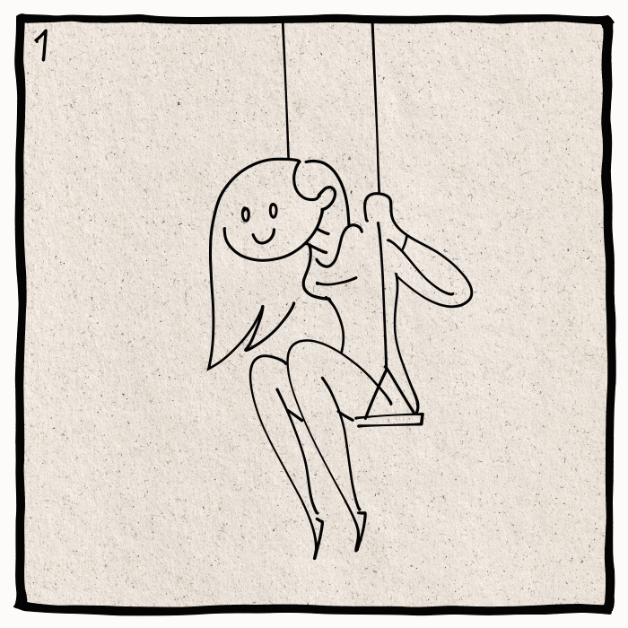 Hand-drawn animation of a girl falling from a swing through the sky