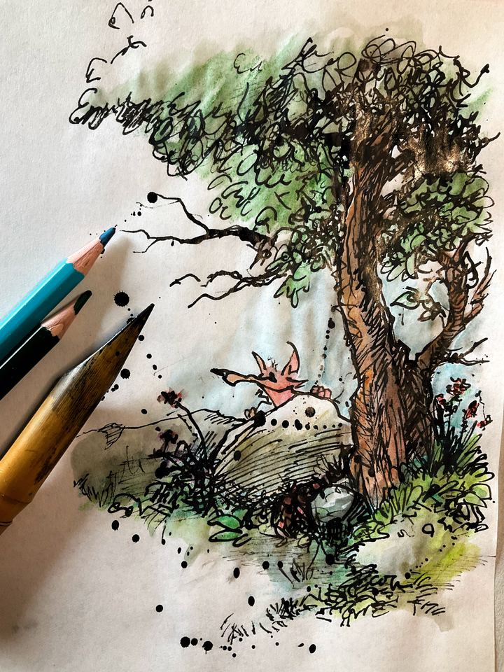 Ink, brush and pencils